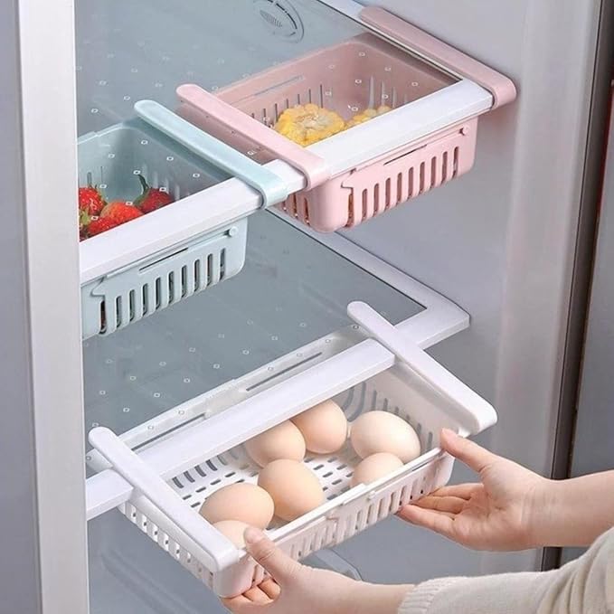 Organizador de cajones de plástico para nevera 3 en 1 (Rosa, blanco y celeste)