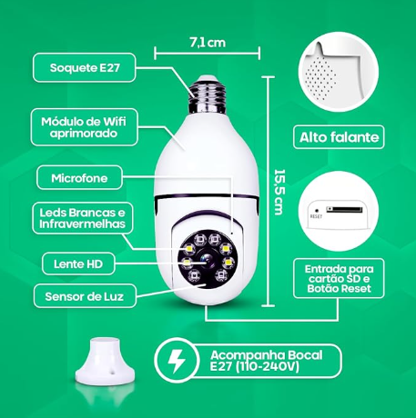 Camera Ip Inteligente - 1080P Wifi Lampada Panoramica Giratória 360° | Alpha Ecom