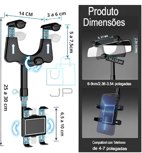 Suporte de Celular para Retrovisor - Estável e Seguro, 360° de Rotação - Compatível com Todos os Modelos de Telefones e Carros