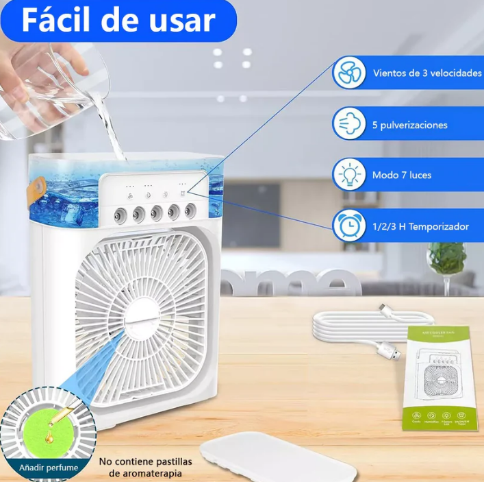 Ventilador humidificador de nebulización blanco+Molde de silicona para hacer cubitos de hielo